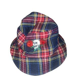 Plaid Unisex Bucket Hat with Embroidered Skull and Roses